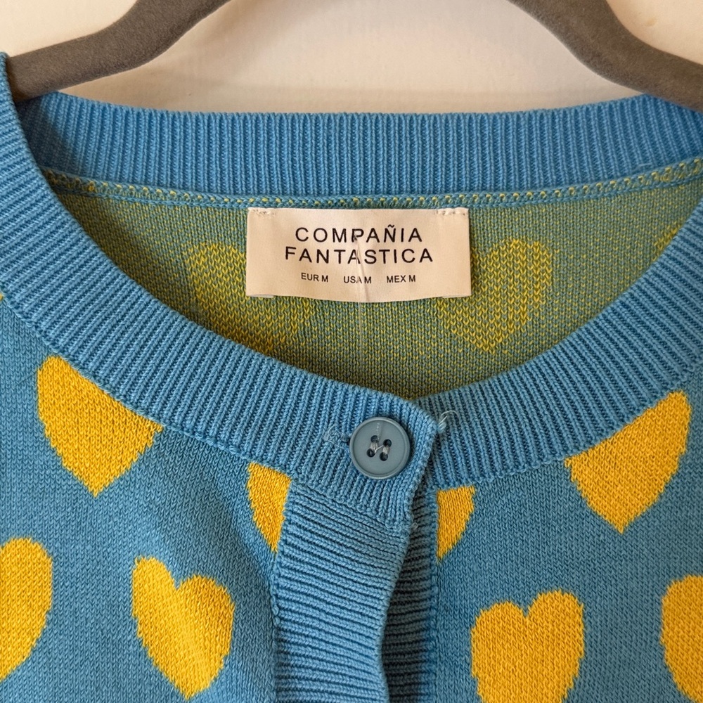 Blue and Yellow Heart Pattern Button Up Sweater Cardigan - Picture 2 of 7